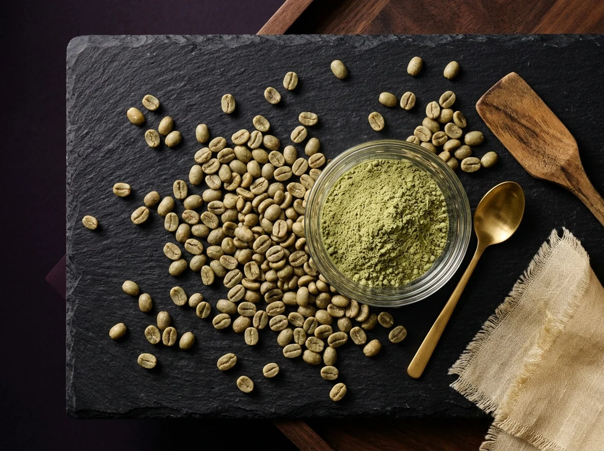 Green coffee beans and extract powder on dark slate