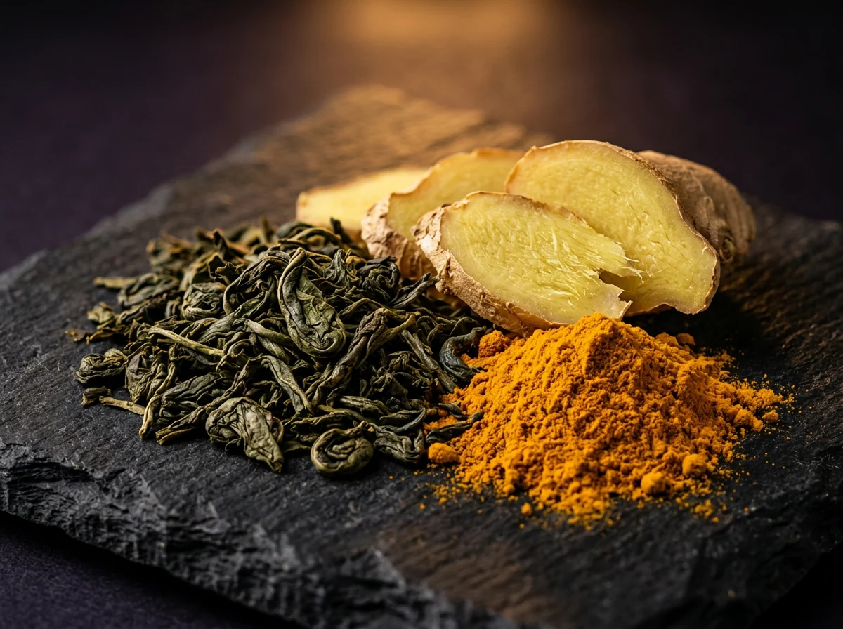 Botanical herbs: green tea, ginger, turmeric close-up