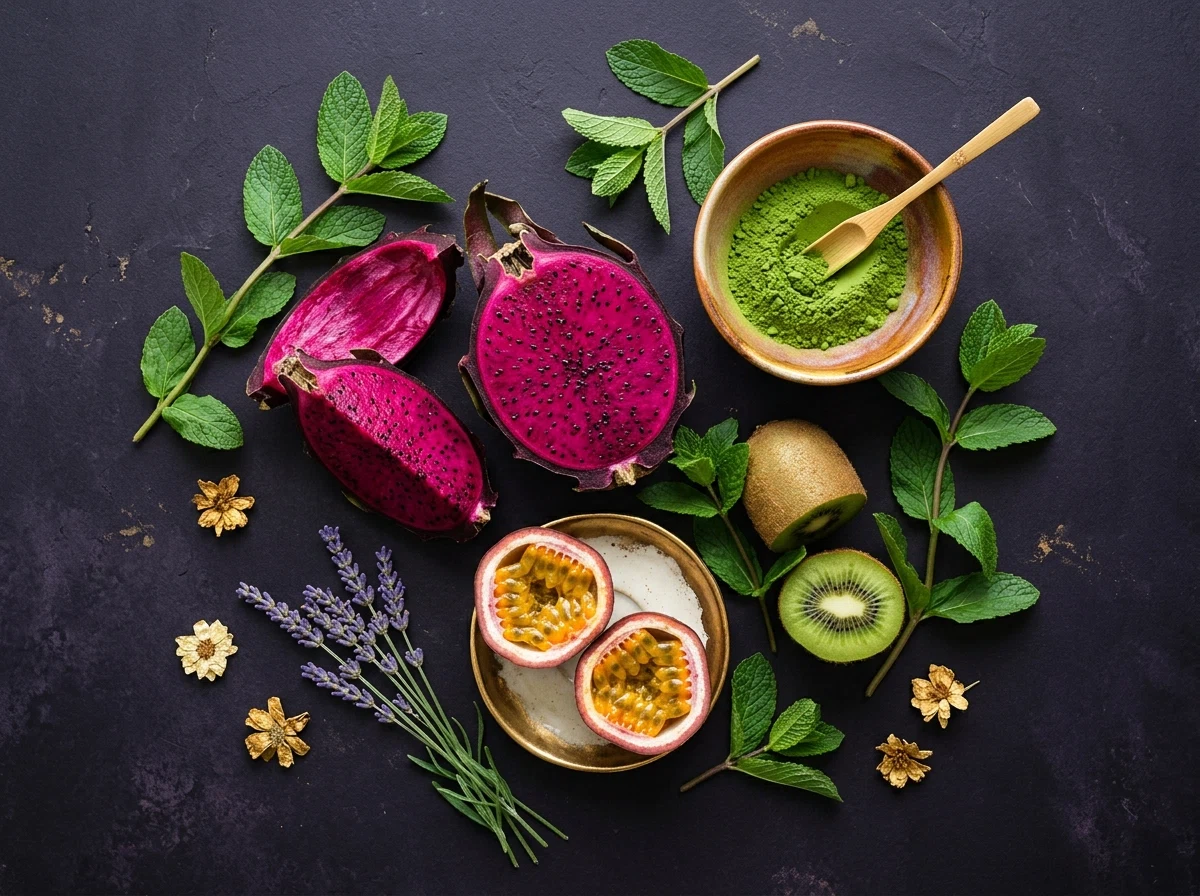 Tropical fruits and matcha botanicals - overhead flat-lay