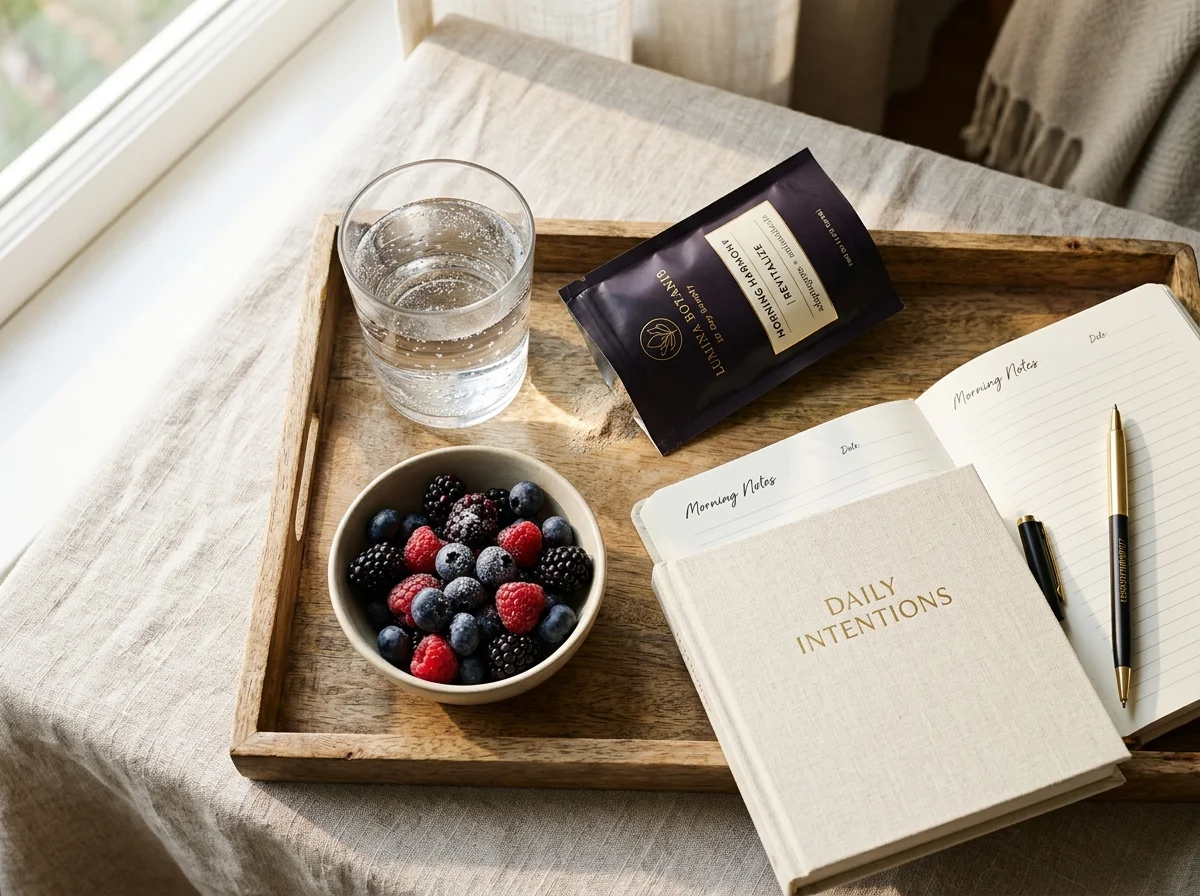 Morning wellness tray with supplement sachet, berries and journal